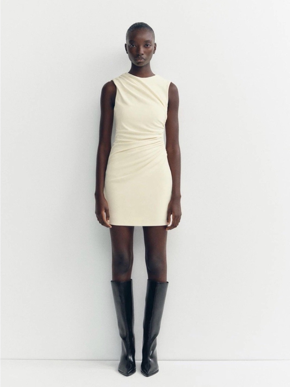 Zara Cream Sleeveless Ruched Mini Dress
